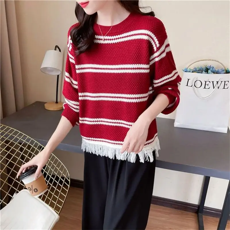 Striped Fringe Short Sweater For Women's Spring Autumn New Loose Fitting Outer Wear Round Neck Long Sleeved Knitted Bottom Top