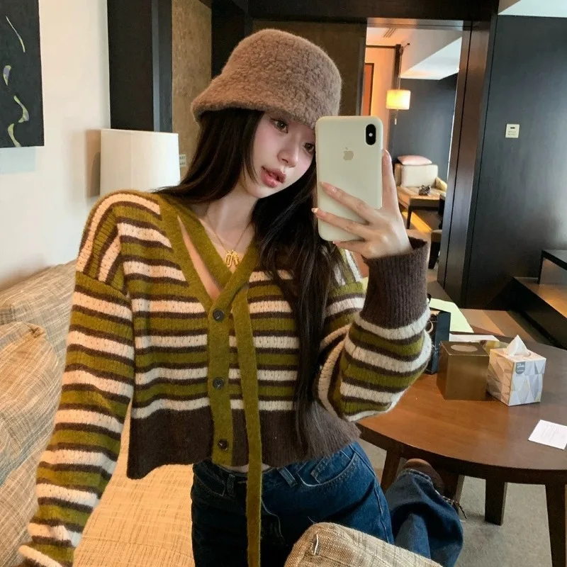 Ins Lazy Style Women Striped Knit Cardigan Autumn Winter Color Block V Neck Cropped Sweater Casual Top
