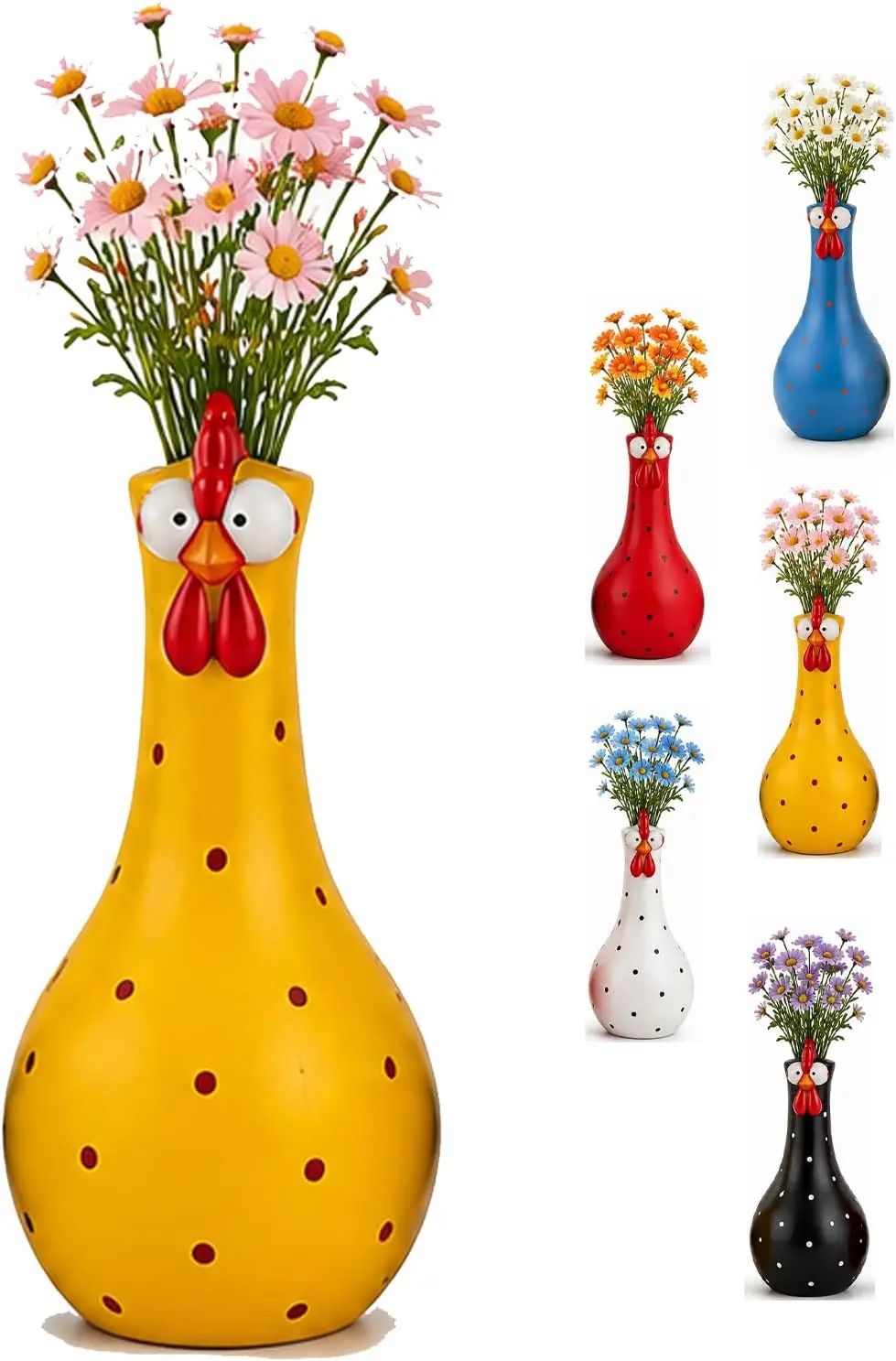 Colorful Dot Long Neck Chicken Vases Lifelike Cartoon Rooster Sculpture Vase Hand Painted Resin Art Flower Vase Ornament