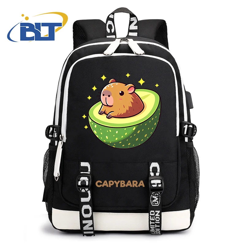 Cute Animal Capybara Printed Student Schoolbag Youth USB Backpack Black Travel Bag Kids Gift