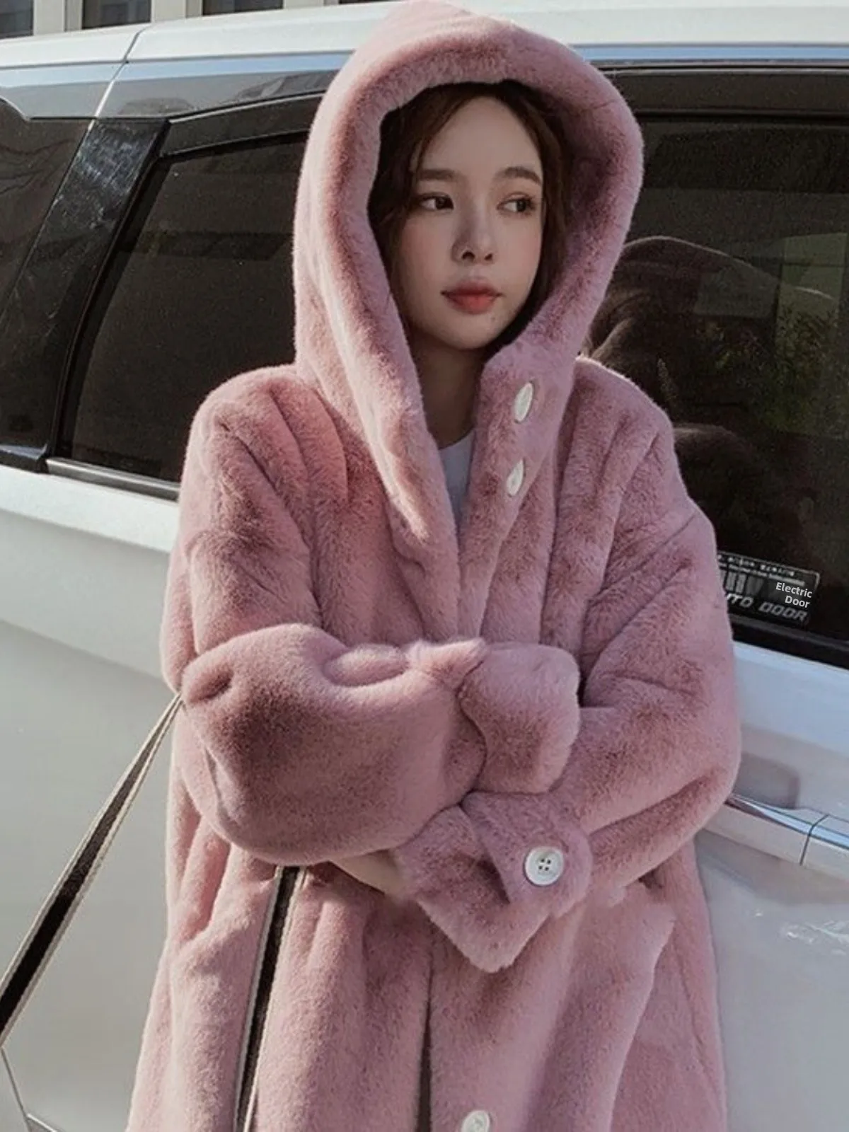 韓国スレウォーターラビットファーカラー付きフェイクファーコート冬新作レディースミディアム丈大きいサイズコート