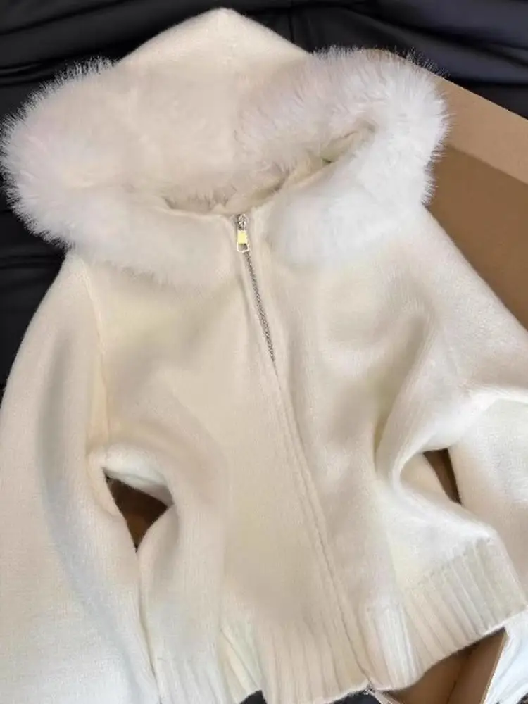 

Thiened Double Zipper Knitted Sweater Coat with Fur Collar And Hood for Women Autumn Winter Loose Cardigan Sle Warmth Emi...