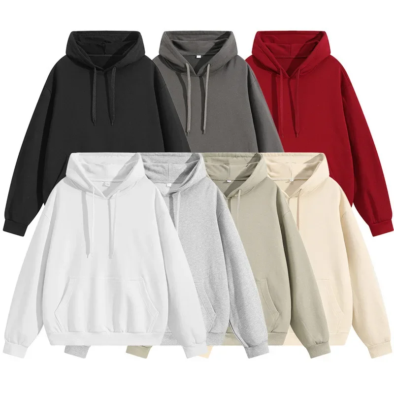 2024 Heavy 300G Spring And Autumn Hooded Solid Color Hoodie Men's Fashion Brand Loose Simple Casual Drawstring Hoodie