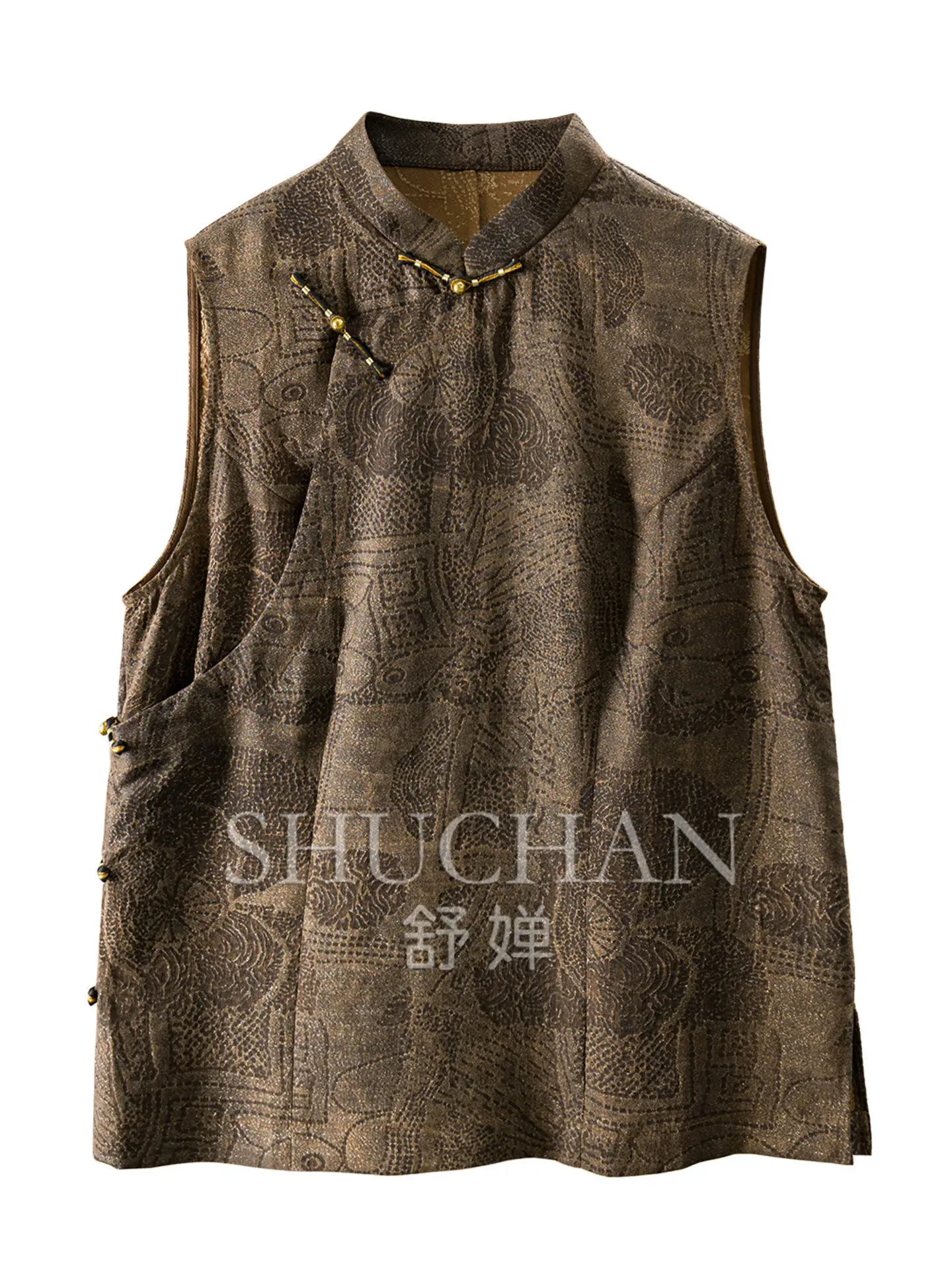 

Summer Tank Top Rare Woven Gold Jacquard, New Chinese Silk Sleeveless Cheongsam Collar Shirt Women's 17M1