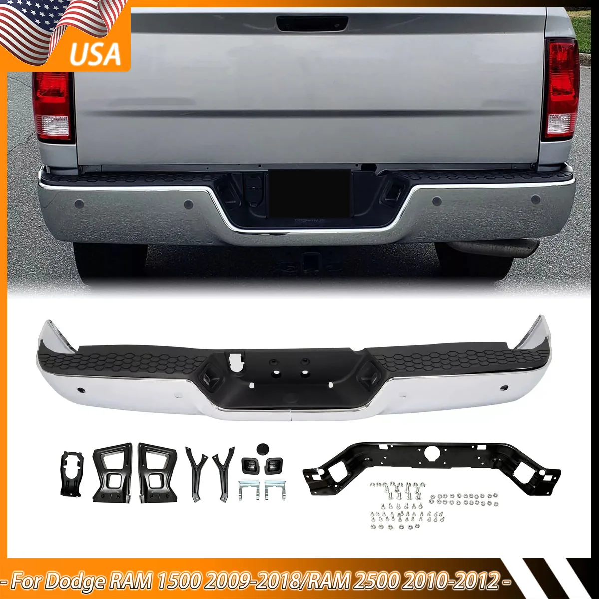 

Rear Step Bumper for 2009-2018 Dodge Ram 1500 For 2010 2011 2012 RAM 2500 3500 with Park Assist Sensor Hole Rear Bumper Face Bar