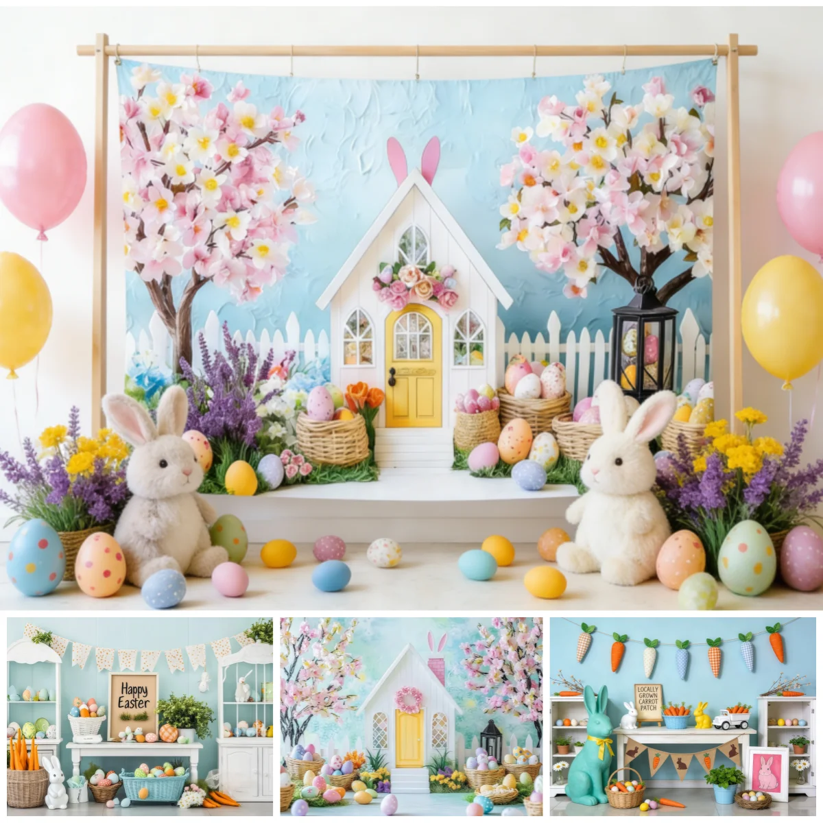 

Easter Theme Photo Background Flower Tree Wooden House Easter Egg Indoor Decor Birthday Party Kids Portrait Baby Shower Backdrop