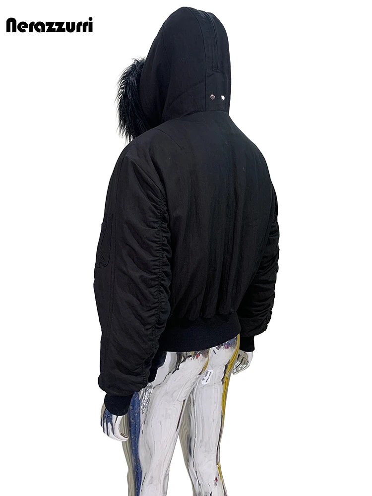 Nerazzurri Autumn Winter Thickened Warm Short Black Jacket Men with Faux Fur Trim Hood Zip Up Loose Luxury Menswear Clothes 2025