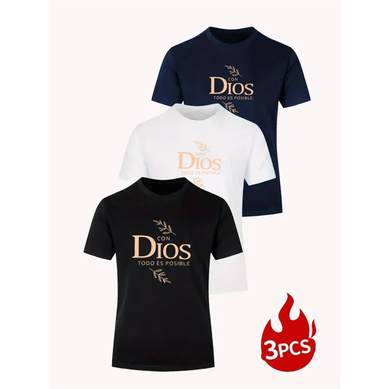 3Pack Of Men'S Casual Round-Neck ShirtsTShirt，WithDiosPattern Printing And Spanish Religious Information