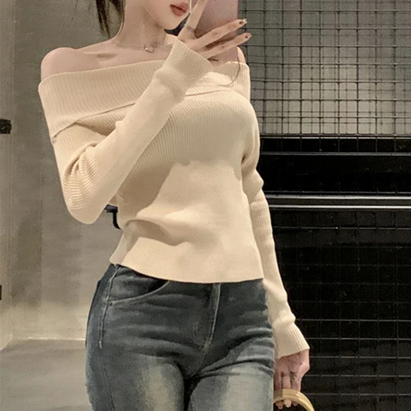 Elegant Long Sleeve Women Pullover Sweater 2023 Off The Shoulder Knitted Base Tops Jumper Autumn Casual Slim Fit Sweaters 29330