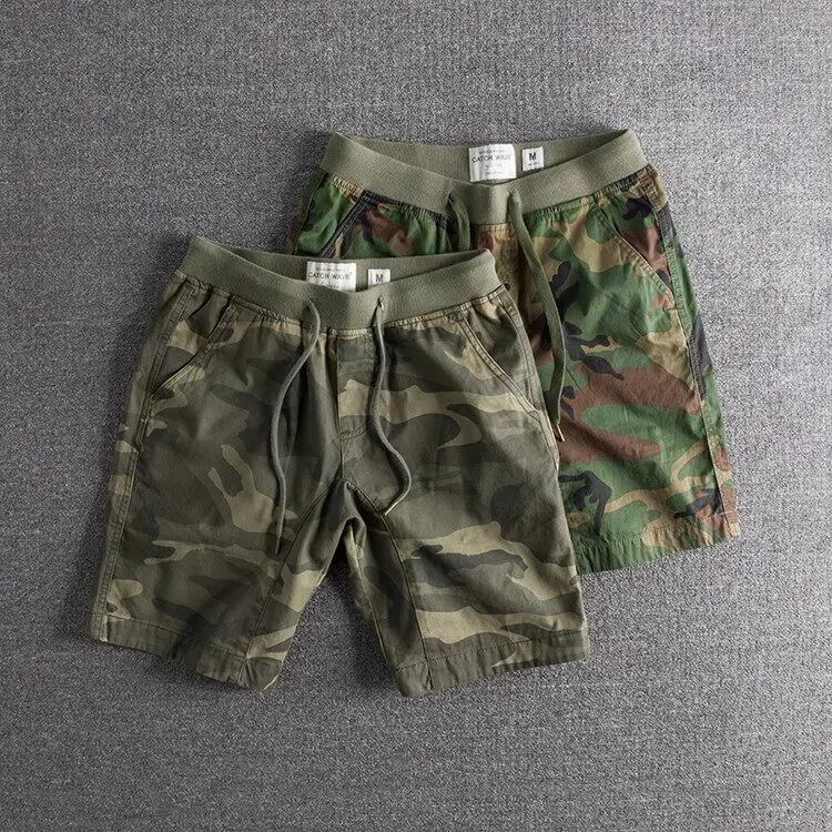 Summer Camouflage Straight Leg Pants Washed Men's Shorts Casual Elastic Waist Beach Workwear Five-Quarter Length Youth Style