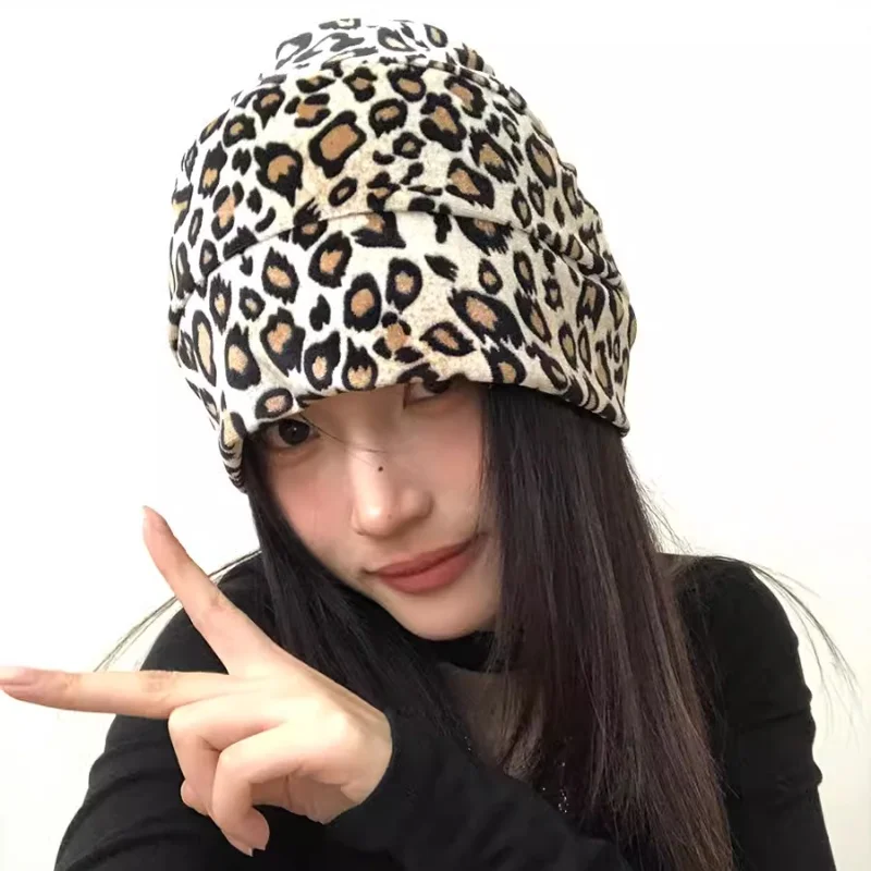 American Retro Y2K Leopard Print Pullover Hats Women Summer and Autumn Thin Niche Fashion Versatile Show Face Small Beanies Cap