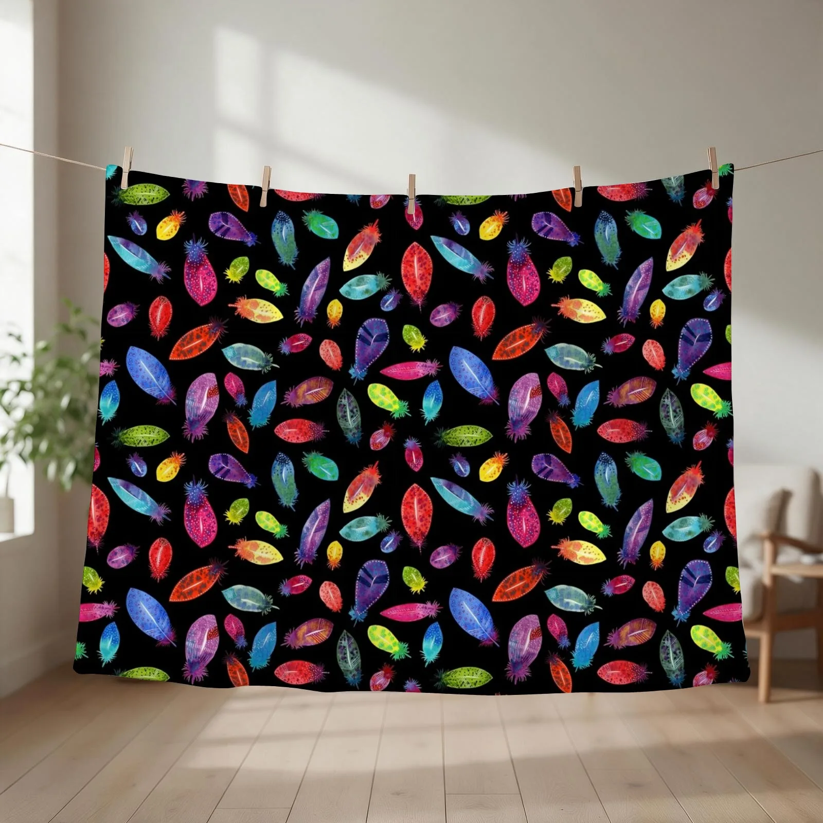 Watercolor Feather Pattern on Black Throw Blanket couch cozy soft plush fuzzy picnic outdoor blanket