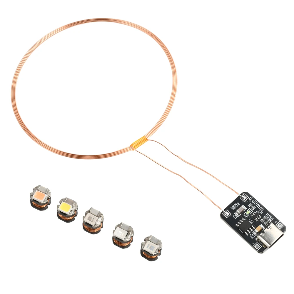 

USB DC 5V 0~80mm Wireless Power Transmitter Coil Module Induction 5 Receiver LED Lights Type C DIY