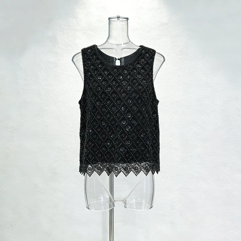 2026 Lente Nieuwe Luxe Dames Vest met Zware Kraaltjes en Pailletten, Ronde Hals Mouwloos Argyle Design Top