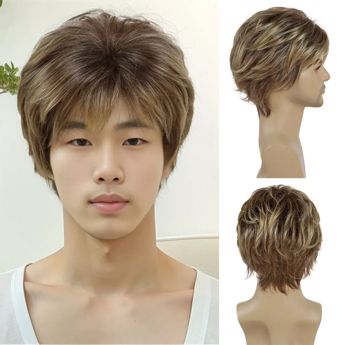 Mens Synthetic Hair Natural Mix Blonde Wigs Short Curly Layered Wig with Bangs for Male Daily Casual Party Heat Resistant Fiber