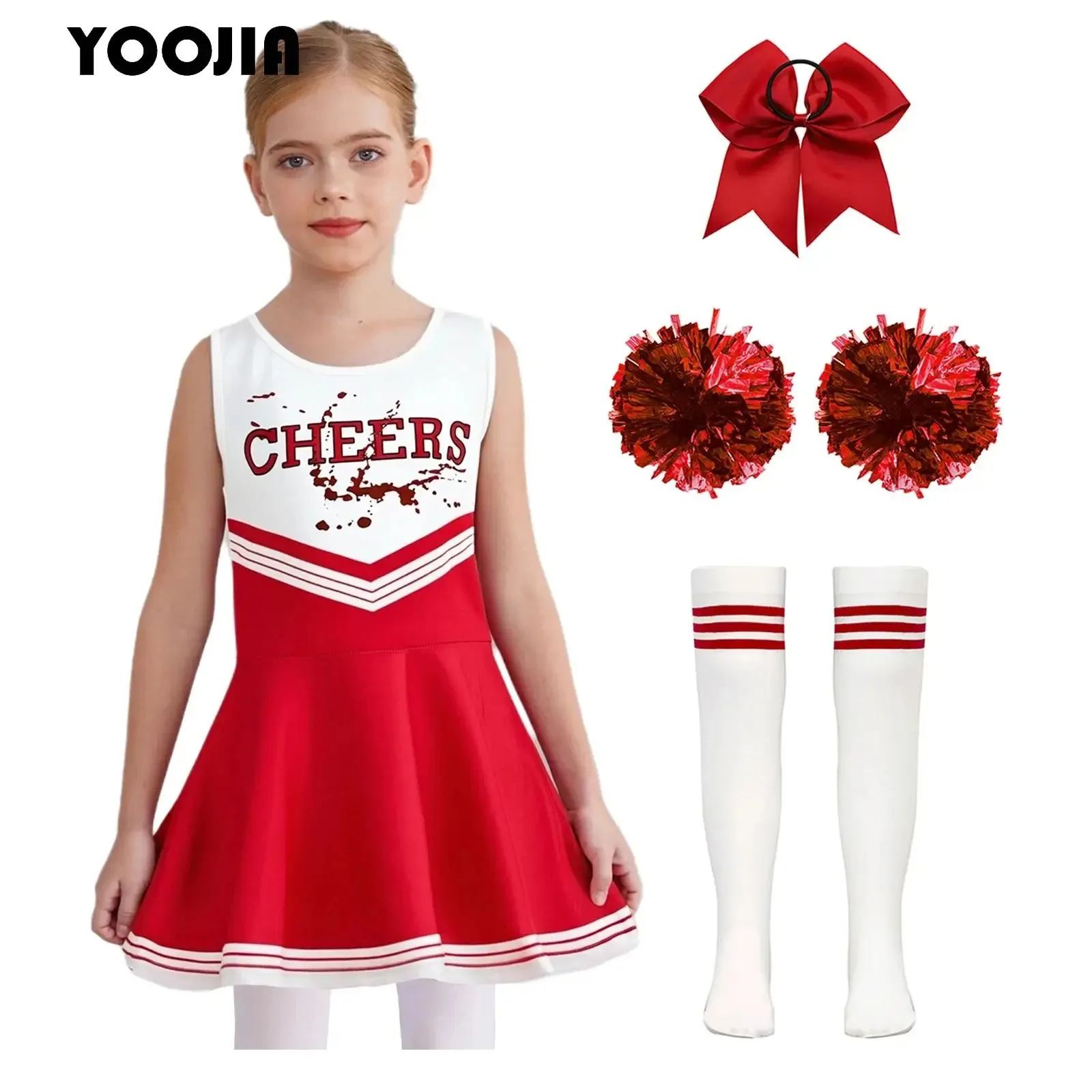 

Girls Cheerleader Costume Cheerleading Uniform Letter Print Dress with Headwear Hand Flowers And Stripe Socks Cheerleader Outfit