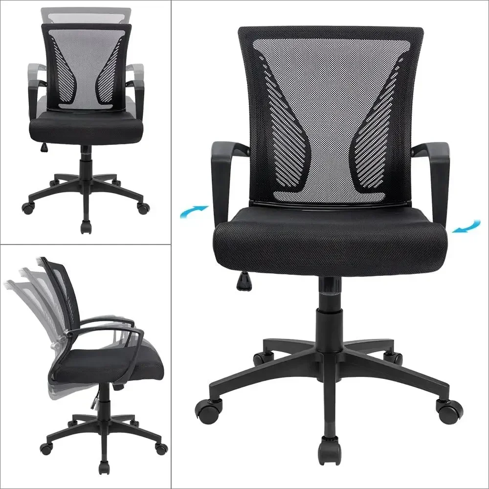 Silla de oficina con respaldo medio, silla de escritorio con soporte lumbar giratorio, malla ergonómica para computadora con reposabrazos (negro)