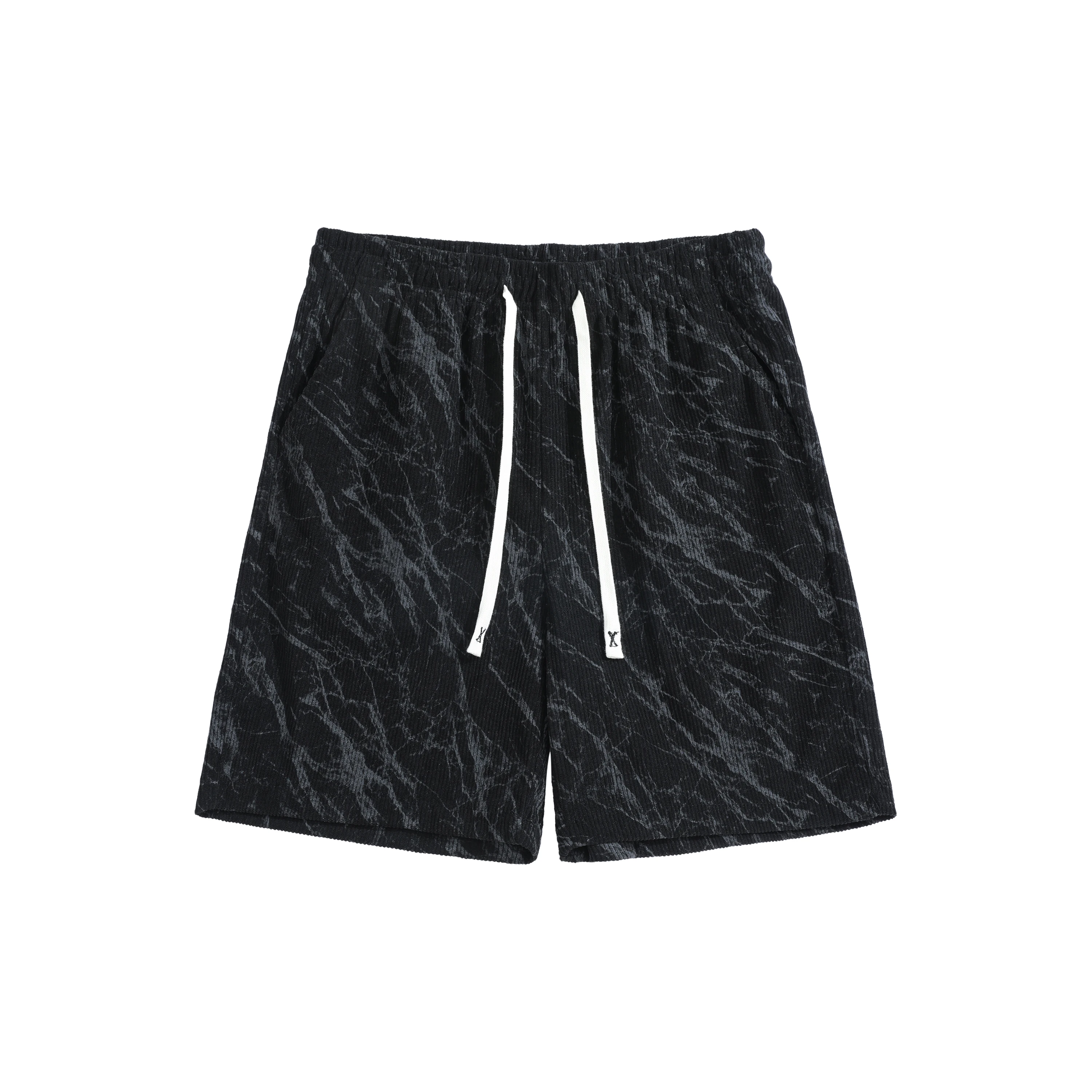 

Mens Black Shorts Abstract Cracked Marble Print with Vertical Rib Texture Elastic Waist Loose Fit Casual Streetwear Pants