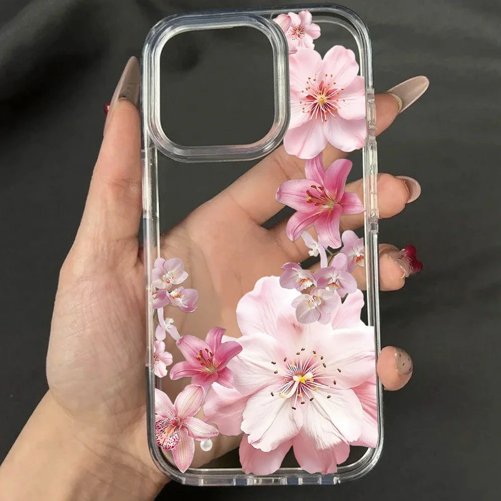 Pink Lily Flower Phone Case For iPhone 16 Pro Case iPhone 15 13 11 12 14 Pro Max Acrylic Shockproof Clear Flowers Pattern Cover