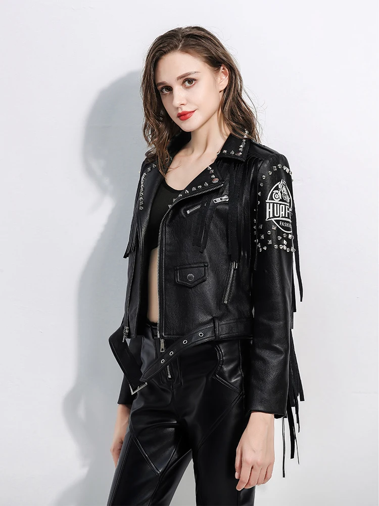 Slim-fit Short Punk Studded Fringed Leather Jacket Women 2024 New Streetwear Black Faux Leather Harley Motorcycle Jacket XXXL