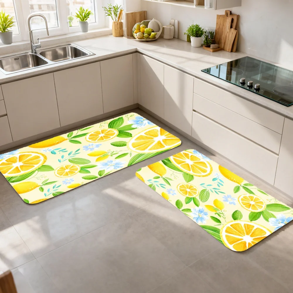 3PCS Mat Set,  Home Decoration for Front Door, Kitchen,  Lemon Slices Green Leaves Blue Flowers Pattern Print Kitchen Rug.