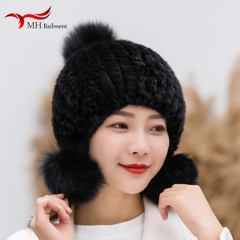 

2022 Hot Sale Winter 100% Genuine Natural Mink Fur Women Knitted Hat Fox Fur Ball Cap Bomber Hat Female Ear Warm Knit Hats