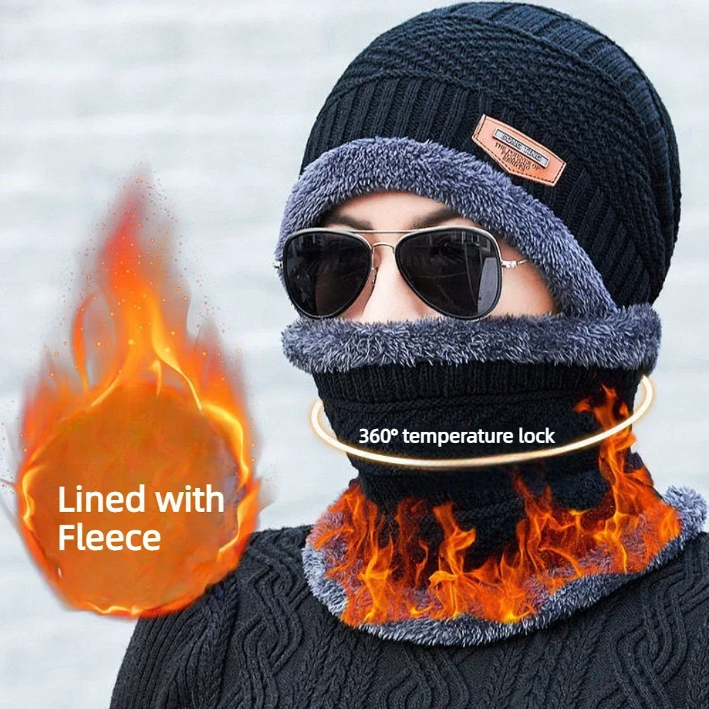 2 Pcs Winter Beanie and Scarf Set Men Women Fleece Lined Knit Hat Neck Warmer Warm Thick Windproof Hat Scarf Set Skiing Cycling