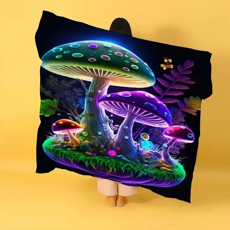 VIKAMA Neon Glowing Mushroom Flannel Throw Blanket Psychedelic Magic Fungus Print Witchy Bedroom Camping Decor Gift Cover