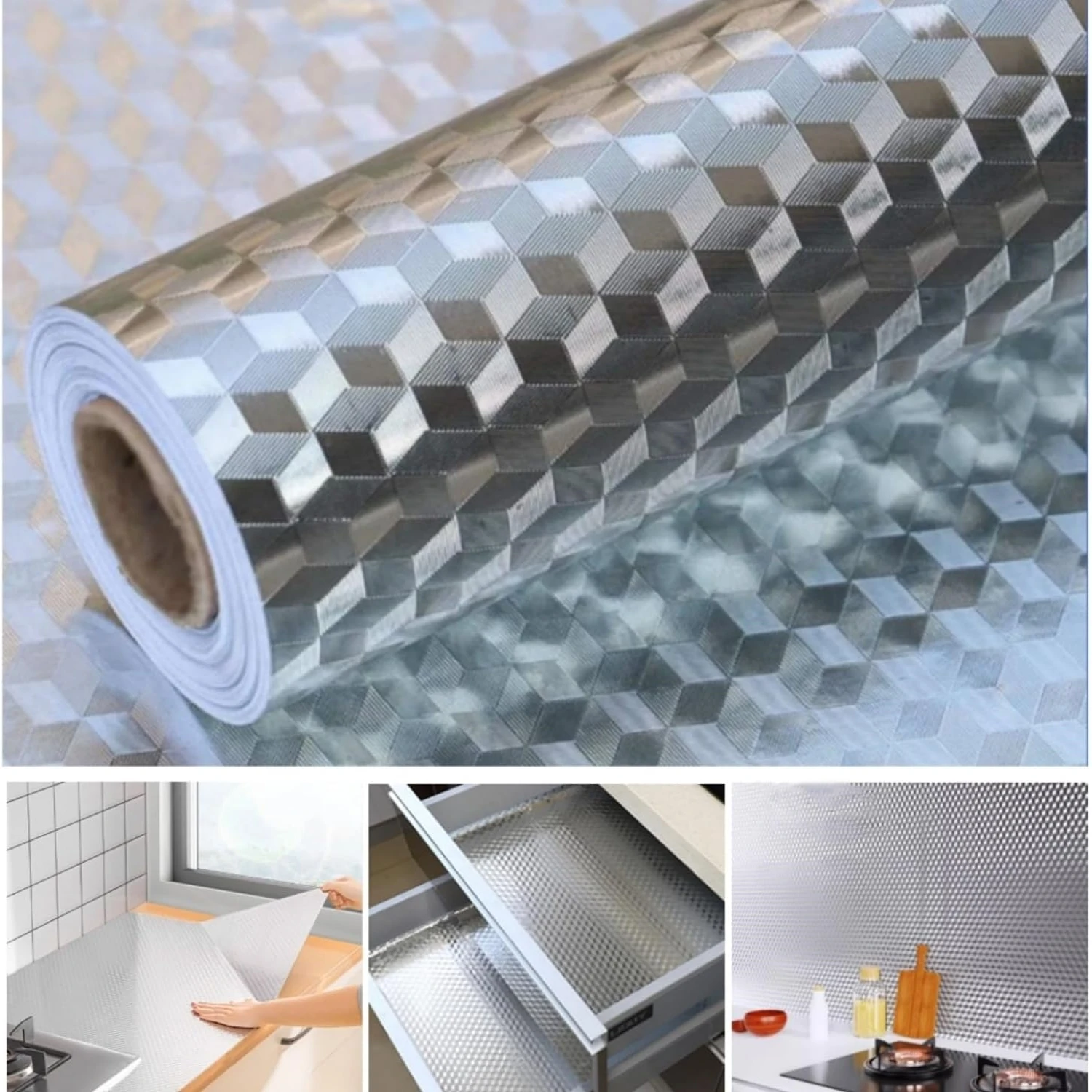 55cm Brushed Silver Self-Adhesive Wallpaper Modern Fireproof Waterproof Kitchen Countertop Refrigerator Wrap Living Room Decor
