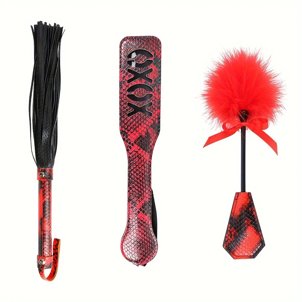 Snakeskin Leather Bondage Restraint 3PCS Kit Paddle Whip Feather Tickle Alternative Adult Sex Toy for Couples and Women Flirting