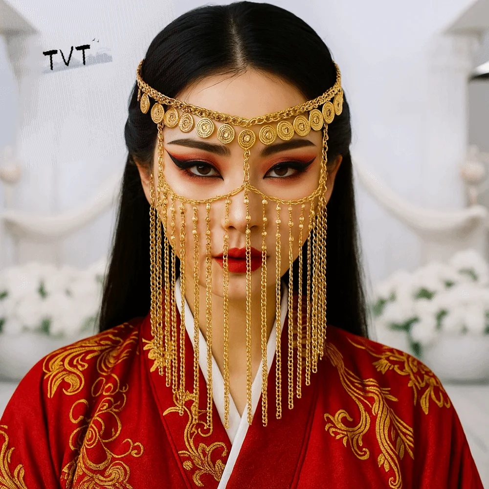 

Fashion Coin Bell Belly Dance Face Veil Gold Ethnic Style Curtain Head Chain Rhinestone Long Tassel Masquerade Mask Girl