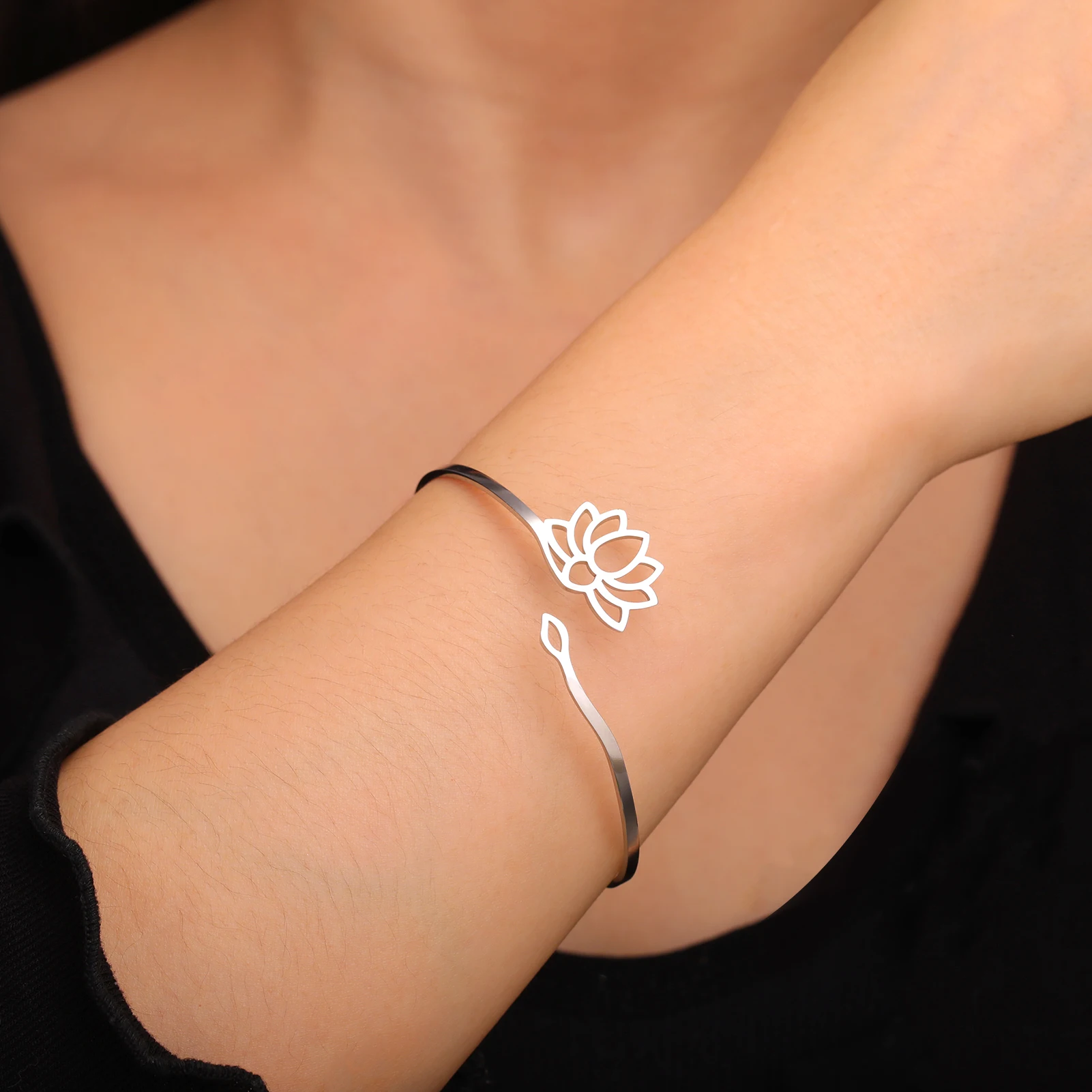 COOLTIME Lotusblume Offener Armreif Edelstahl Yoga Buddhismus Hindu Amulett Lotus Armreif Schmuck Geburtstagsgeschenk Neu – Detail 18
