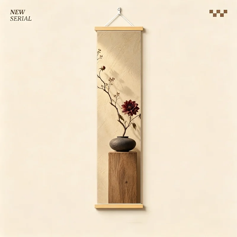 Wall Art Preserved Dahlia and Preserved Carnation, Calm Wabi-Sabi Silver Shimmer Canvas Hanging Scroll for Boutique Hotel