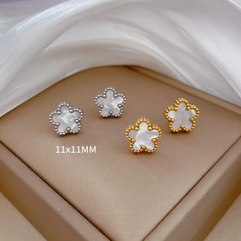 Trendy Classic White Shell Flower Stud Earrings for Women Girls All Stainless Steel Flower Earrings Jewelry Gifts for Friends