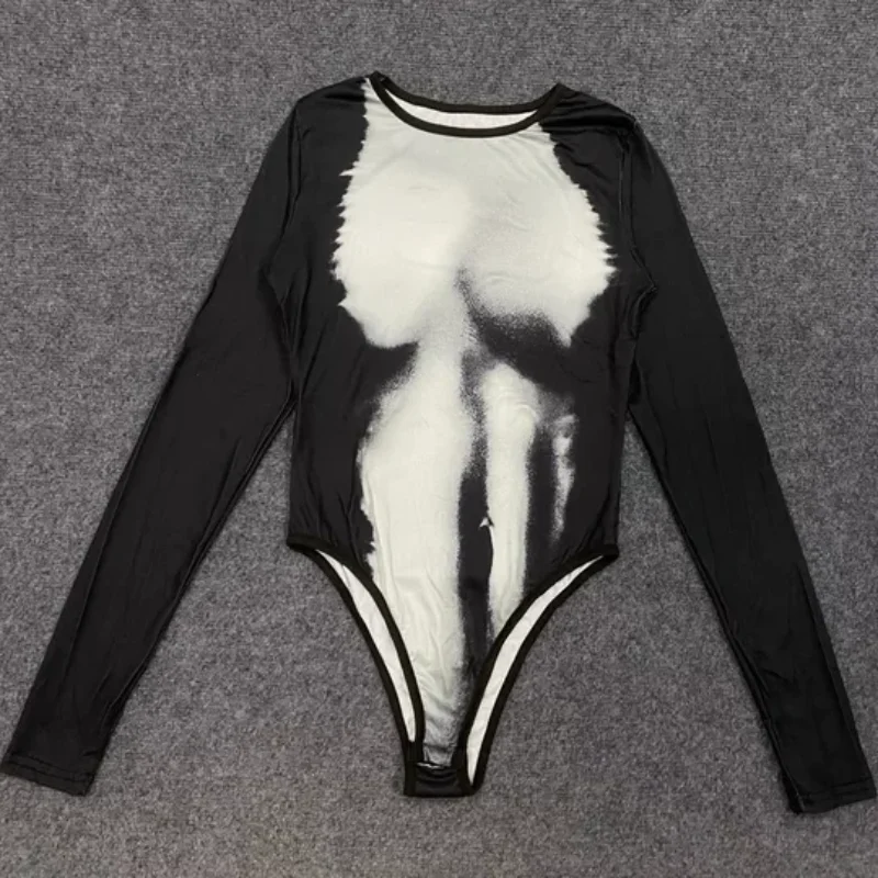 

Модная сексуальная пикантная женская одежда в европейском и американском стиле с круглым вырезом и длинными рукавами, облегающее боди с абстрактным принтом человеческого тела