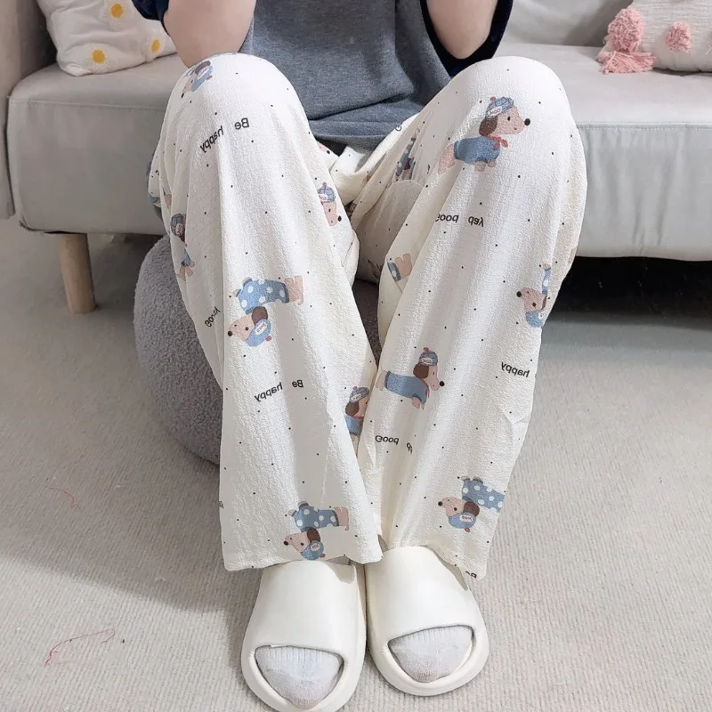 2025 spring new women's white polka dot puppy cute printed imitation cotton pajama pants wide legs casual can wear trousers