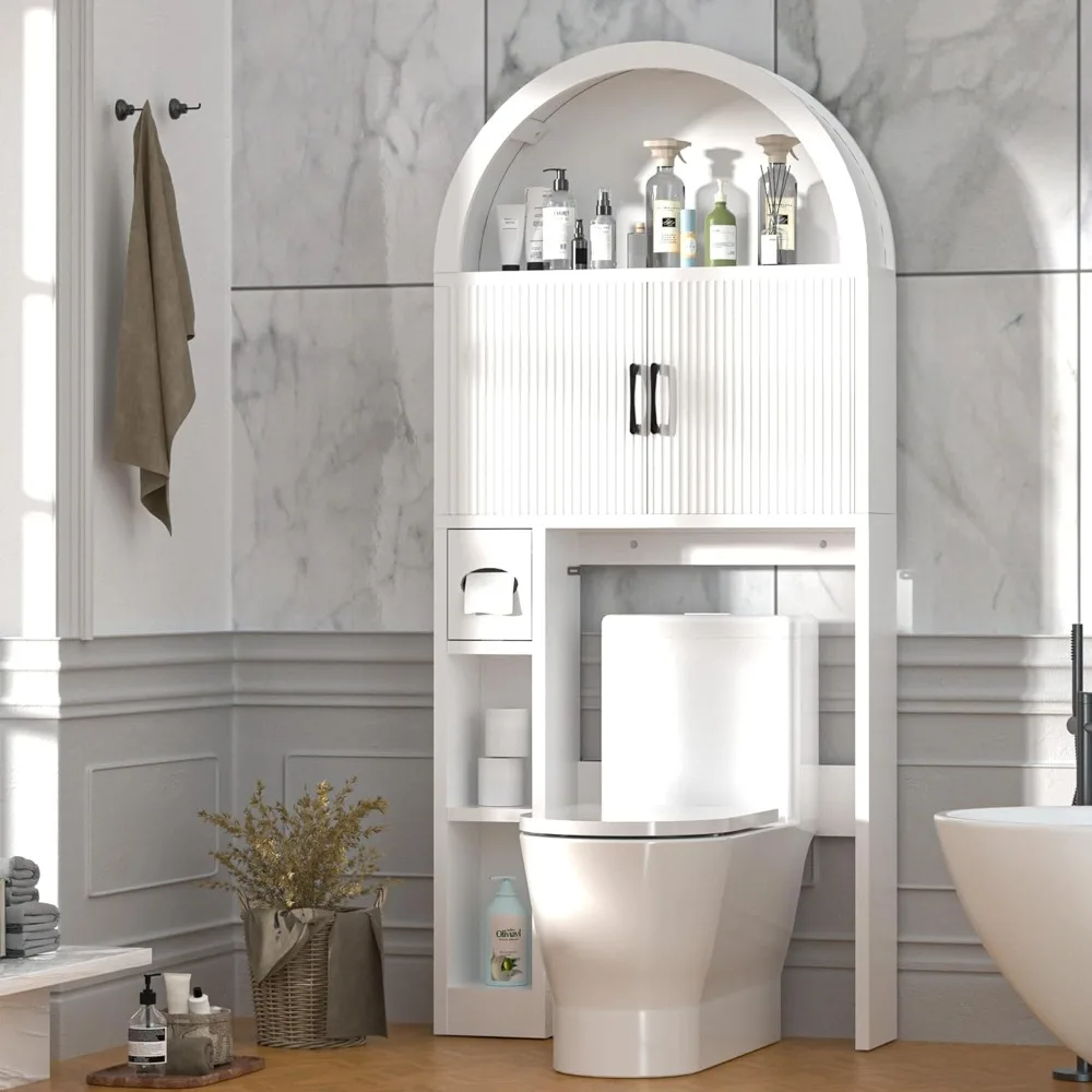 

over the toilet storage cabinet, bathroom organizer over toilet, arched storage organizer cabinet with anti-tip device and adjus
