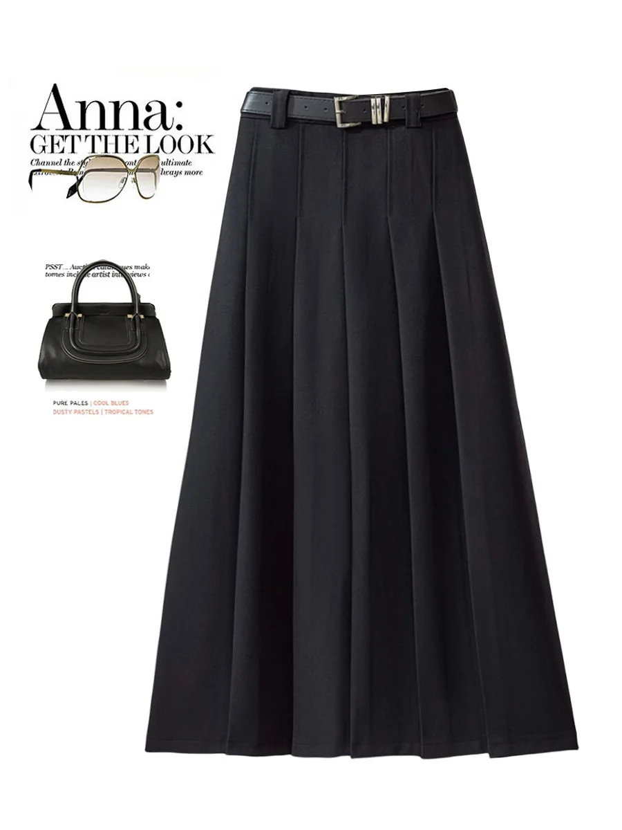 Elegant Vintage Pleated Maxi Long Skirt Women With Belt Harajuke Korean Preppy Style High Waist Slim A-Line Skirt Mujer De Moda