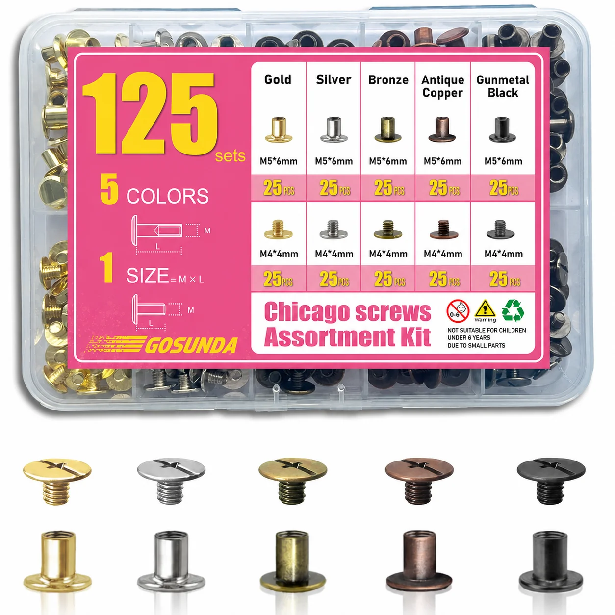 GOSUNDA 125Sets Chicago Screws for Leather 5Color Assortment 25per Color Match or Contrast Hardware on Belt Folds and Bag Straps
