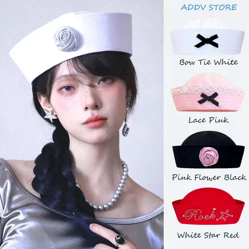 

Y2K Striped Bow Flower Rhinestone Sailor JK Beret Navy Hat Women Summer Niche Flipped Nurse Cosplay Party Cap Sombreros De Mujer