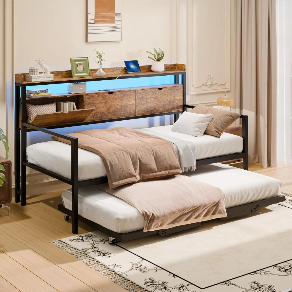 Twin Metal Daybed with Pop Up Trundle, Twin to King Expandable Bed Frame with Storage Headboard & Charging Station