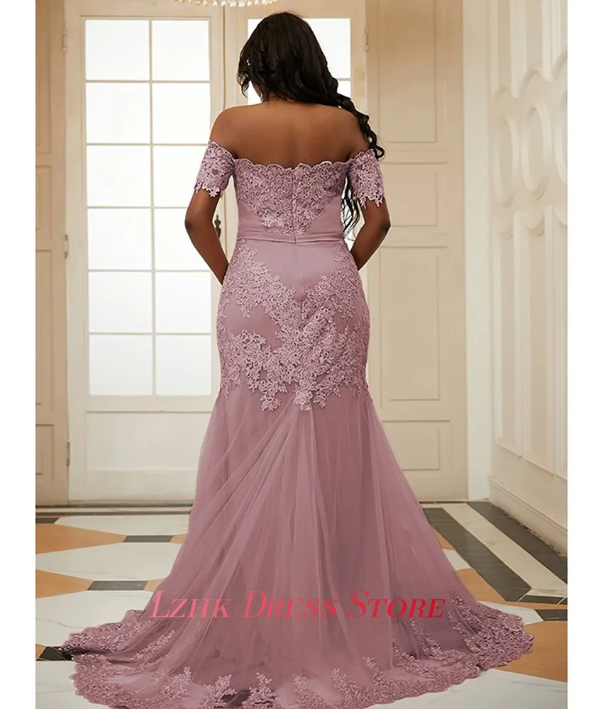 Personalizado temperamento organza sereia fora do ombro apliques vestido de noite sexy mangas curtas querida vestidos de festa