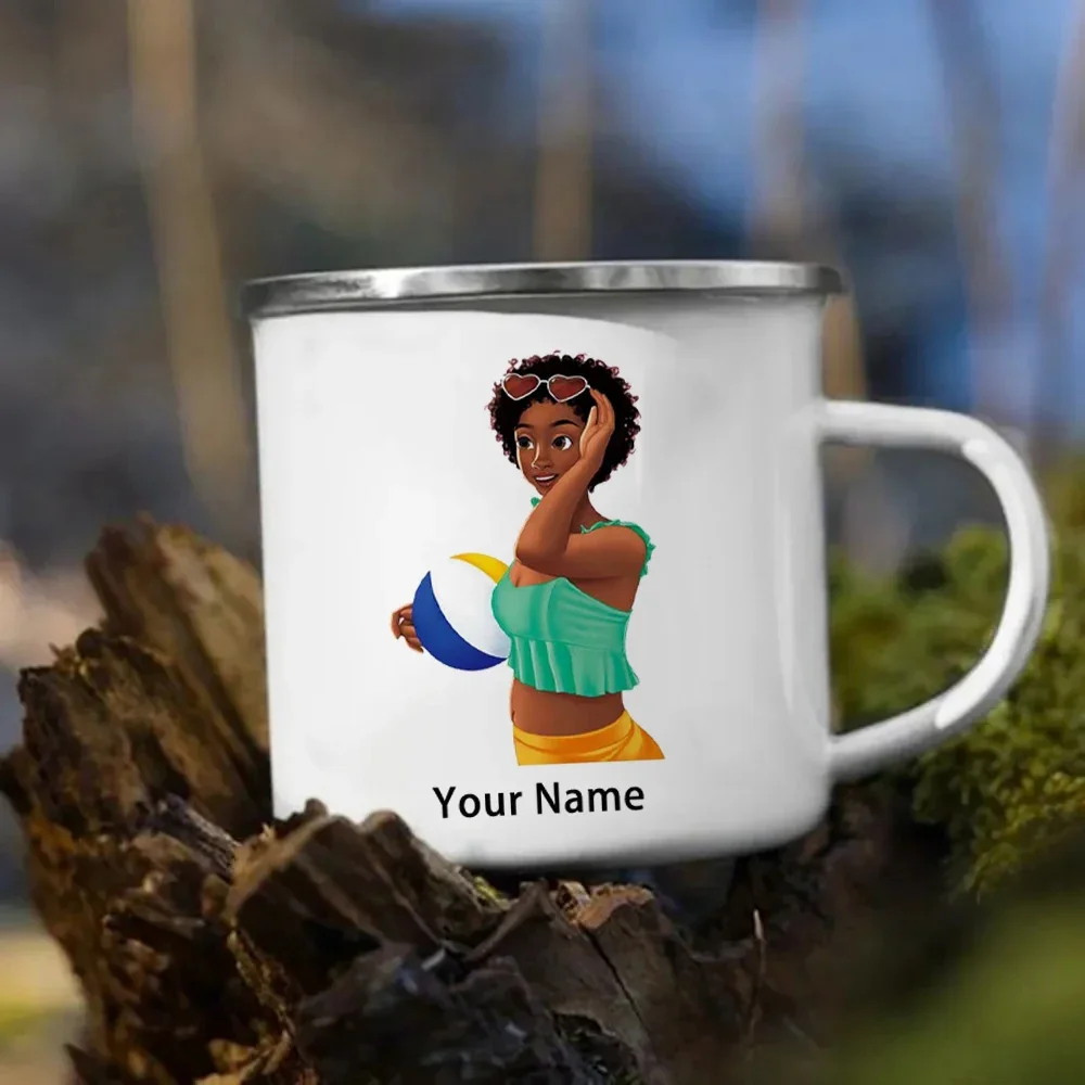 Customized Enamel Mug, Short Hair, Volleyball Girl Pattern, Metal Cup, Coffee Mugs, Printed Your Name, Best Gift