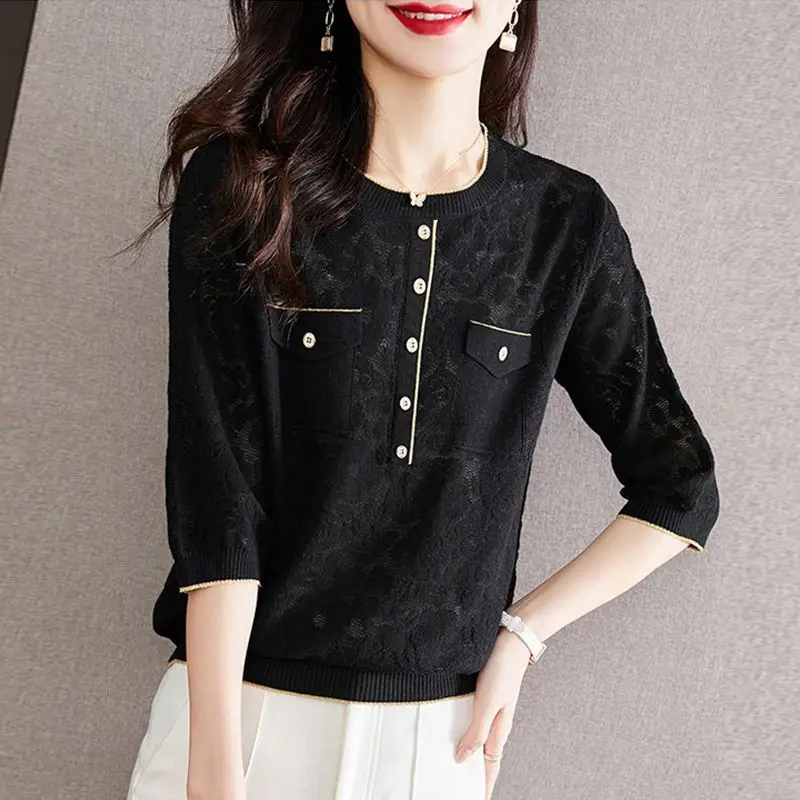 Womens Clothing 2023 Sexy Hollow Chic Elegant Knitwear Spring Summer Female Korean Fashion 3/4 Sleeve Pockets Pullover Knit Tops