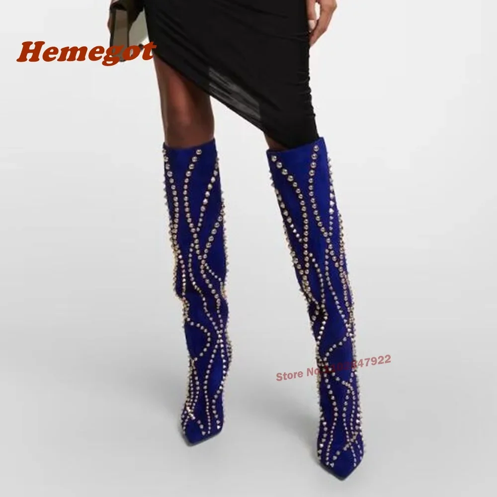 Stud Spike Heels Stiefeletten spitzen Zehen Kalb Leder Niet Wildleder Luxus Damen stiefel Winter Marke lange Schuhe sexy lässig sexy