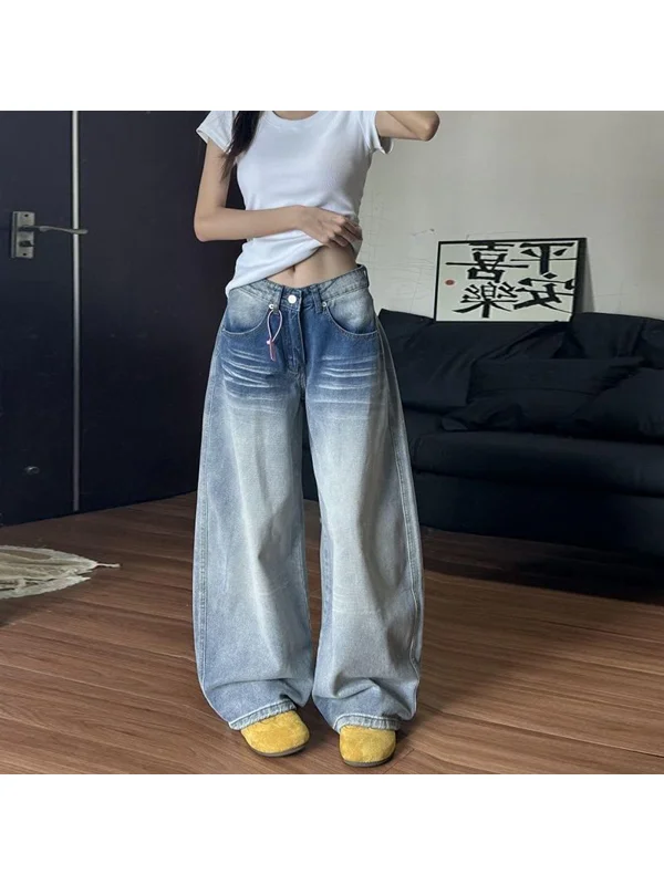 

plus Size American Style Wide Leg Jeans Women Loose Slimming Denim Pants High Waist Button Craft College Style plus Size MM