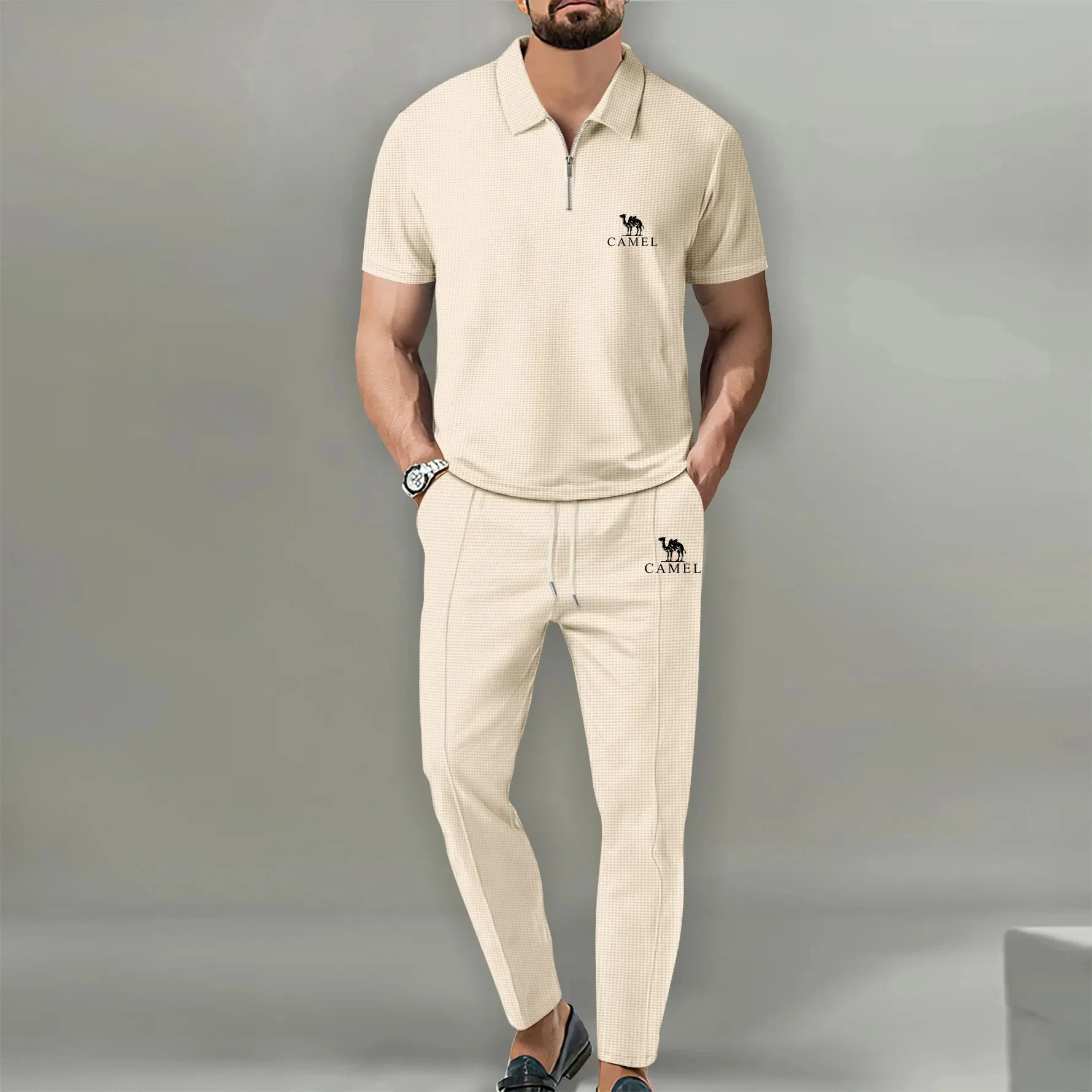 2024 Summer Bestselling Clothing New Men\'s Solid Color Waffle Neck Zipper Set Outdoor Sports Golf Men\'s Pants Clothing Oversize