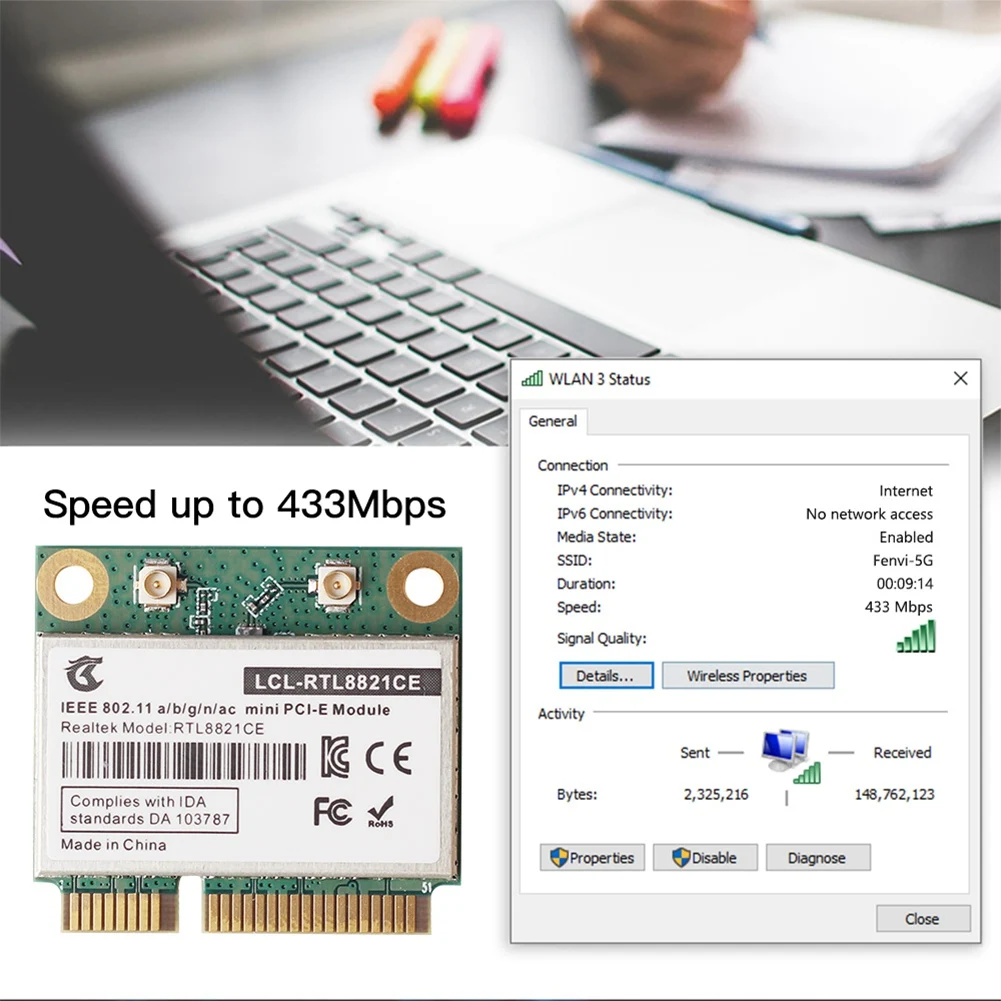 RTL8821CE 802.11AC tarjeta WiFi PCIe, compatible con ordenador portátil/PC, Bluetooth 4,2, 433Mbps, 2,4 Ghz/5Ghz de banda Dual