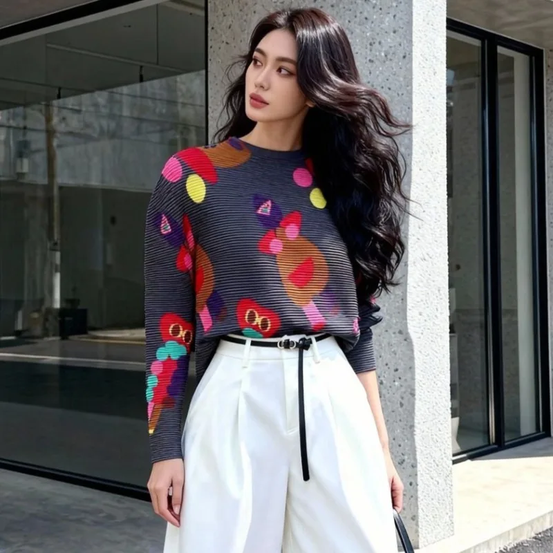 

Miyake Women's T-shirt 2026 New Pleated Half-high Neck Inner Top Printed Long-sleeved Temperament Bottoming Shirt Thin Stretch