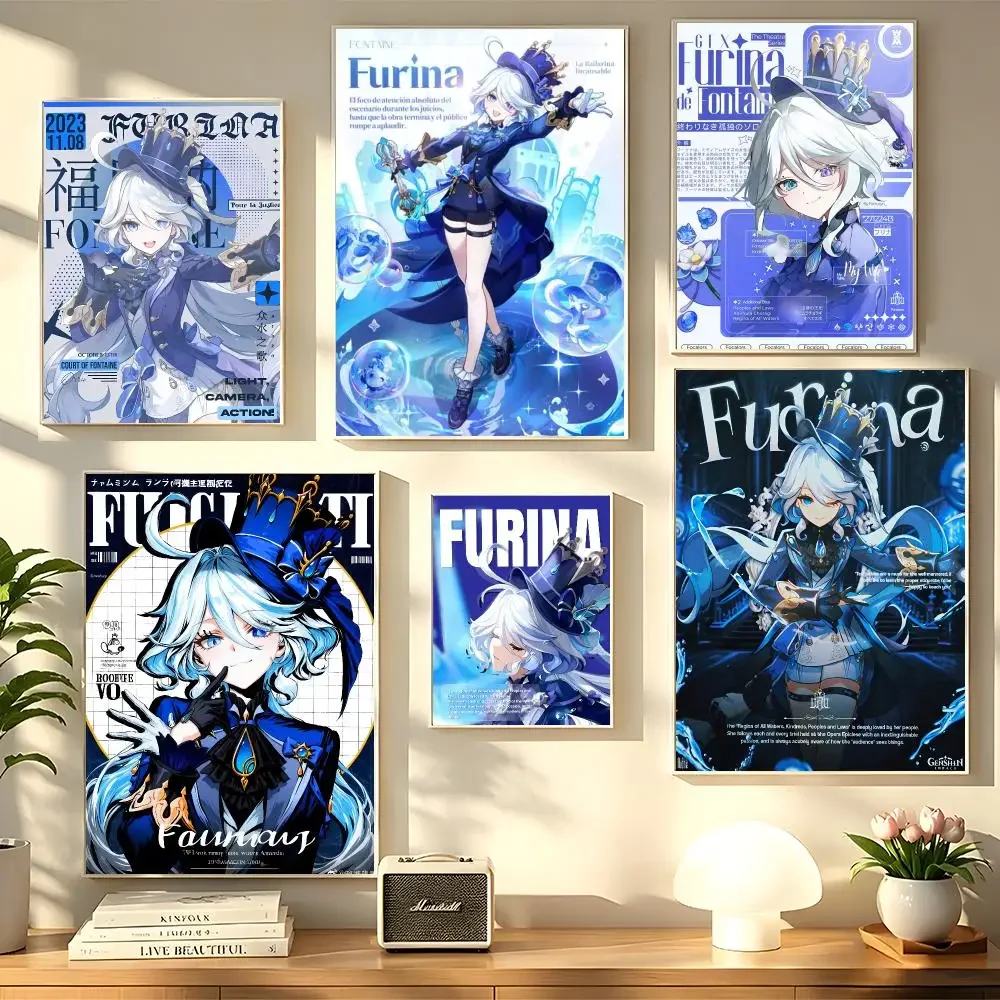 G-Genshin Impact F-Furina Painting Calligraphy Wall Art HD Canvas Oil Painting Posters Prints Home Bedroom  Decor Gift